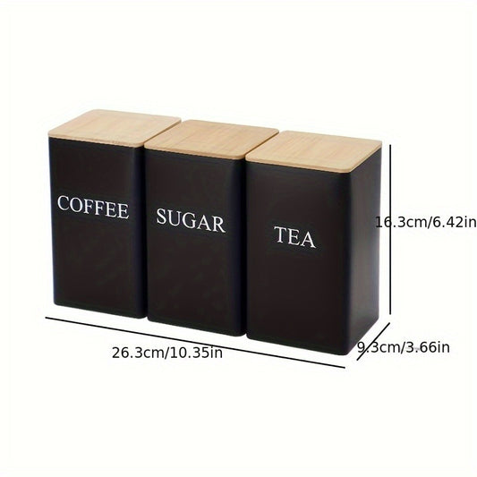 3-Piece Coffee and Snack Storage Canisters Set - Bamboo Lid & Iron Art Display Square Jars for Coffee Beans and Tea