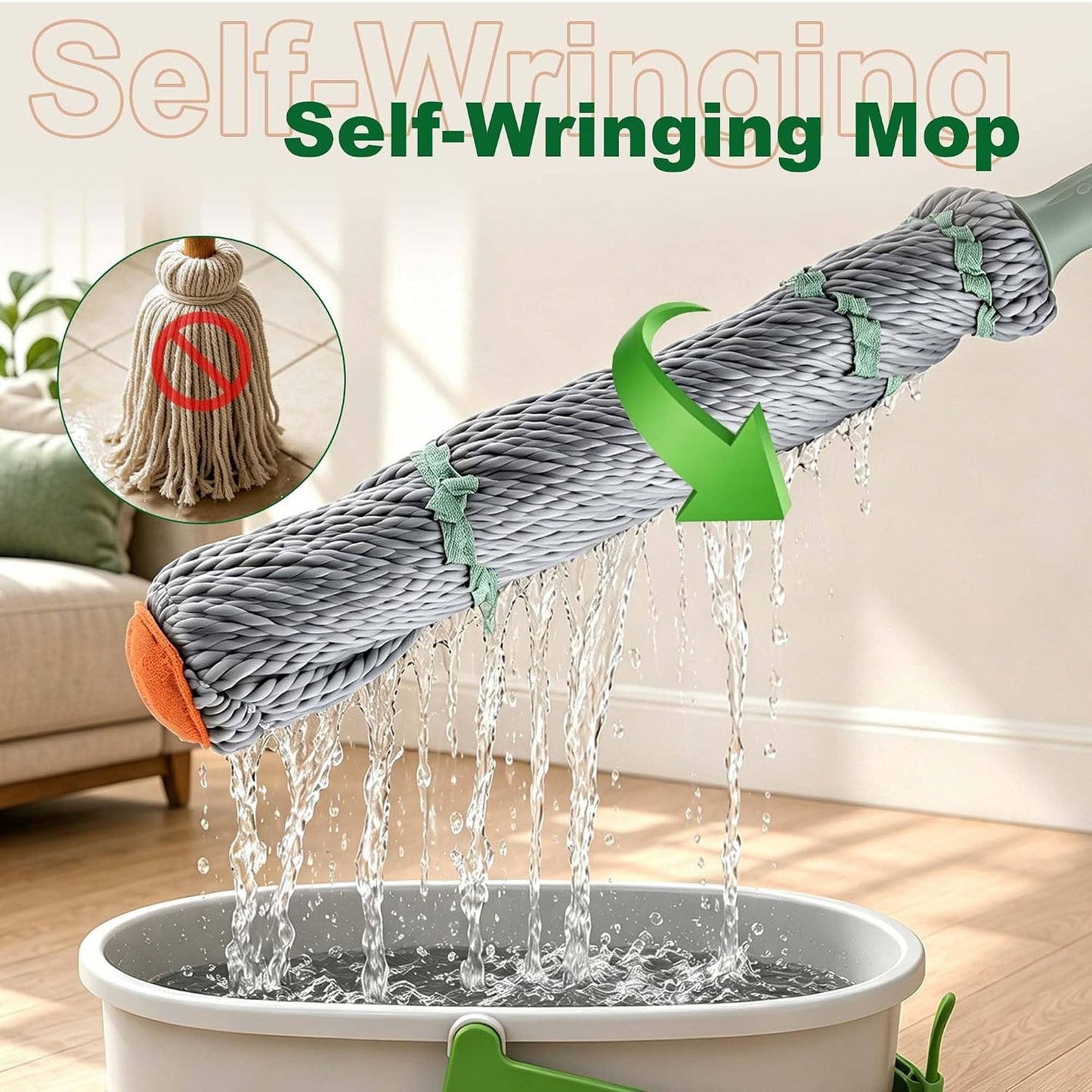 Self Wringing Mop for Floor Cleaning, Long Handled Twist Mop with Scouring Pad for Kitchen Hardwood Vinyl Tile Laminate Home Office