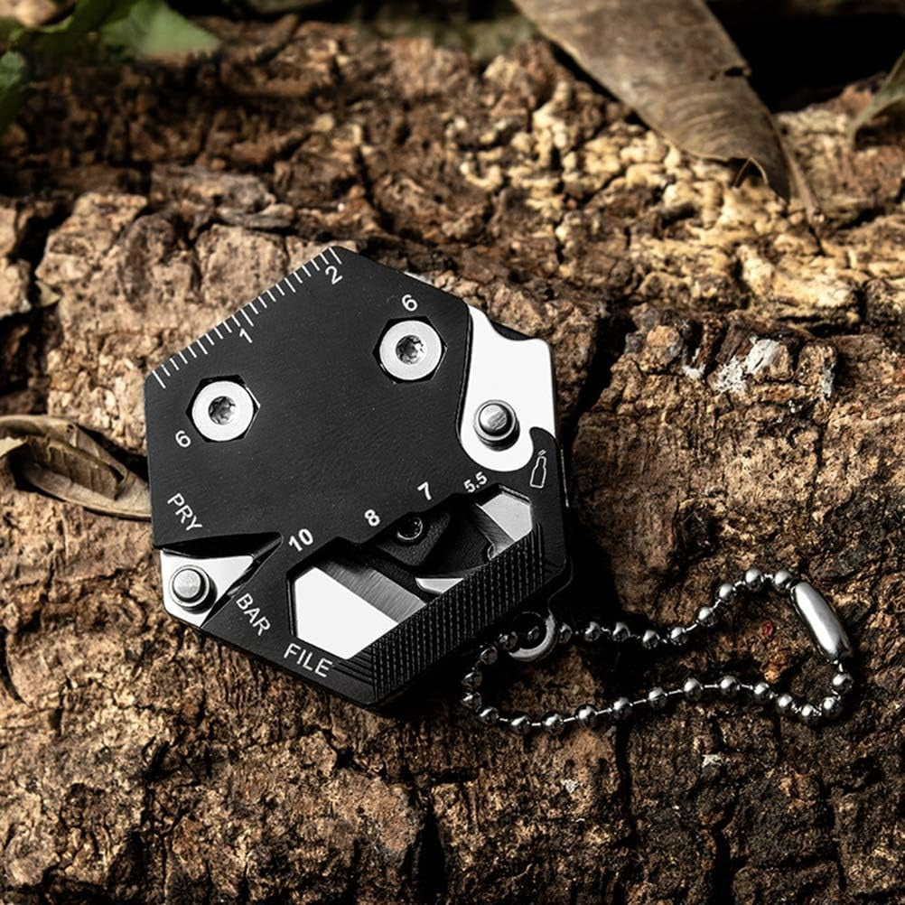 Hexagonal Shape Multi Tool Keychain, Portable Pocket Multitool with Folding Cutter, Screwdriver Set, Bottle Opener, and More for Outdoor Hiking, Camping