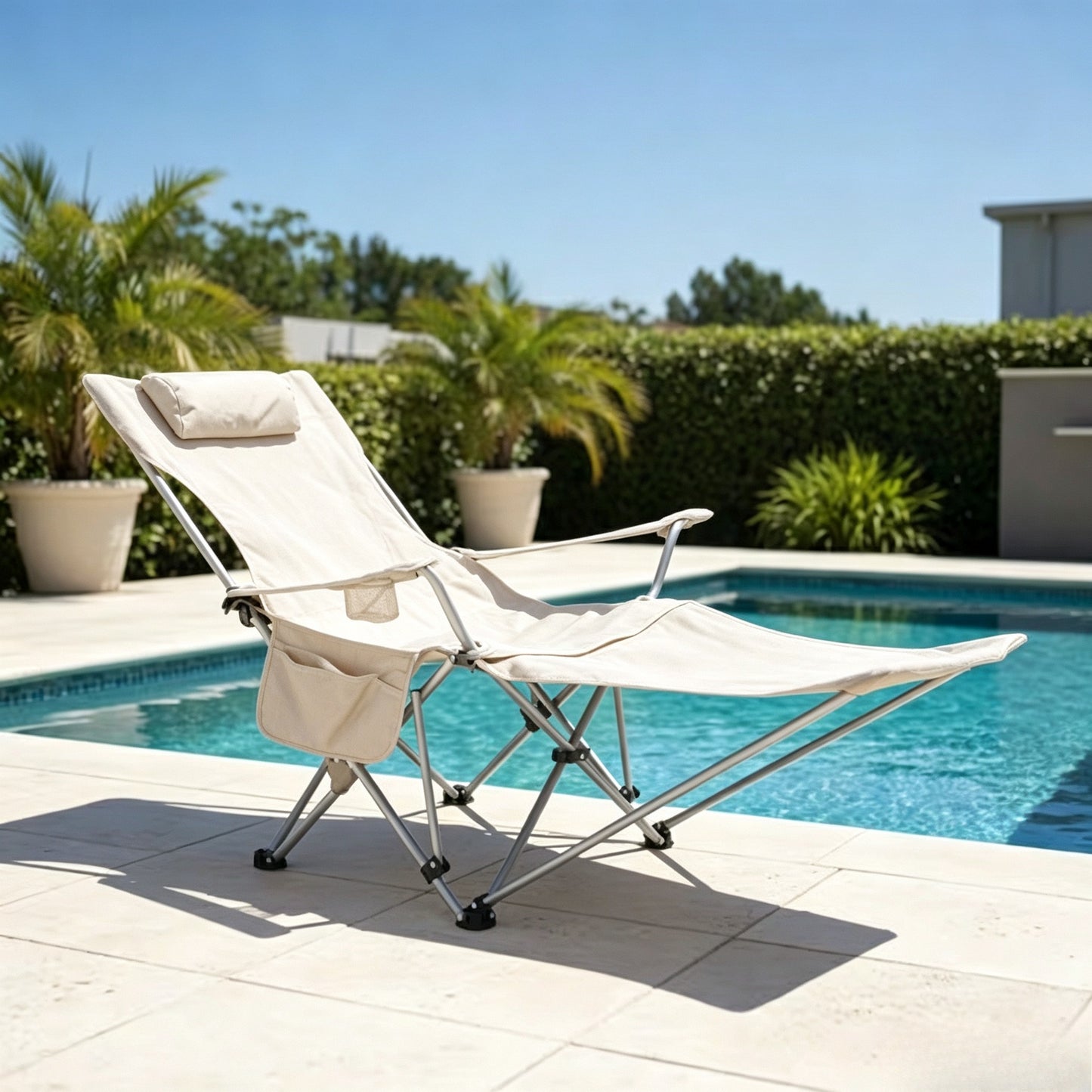 Reclining Camping Chair with Foot Rest & Headrest – 4-Position Adjustable Recline Folding Lounge Beach Chair Lightweight Portable Recliner for Adults, Ideal for Outdoor Travel, Patio, Picnic Beige