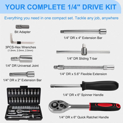 46PCS 1/4 Inches Ratchet Socket Wrench Set, Metric Socket Ratchet Wrenches Set, Ratcheting Wrench Tool Sets for Men, Premium Small Car Tool Kit for Automotive, Household Maintenance and Repairs