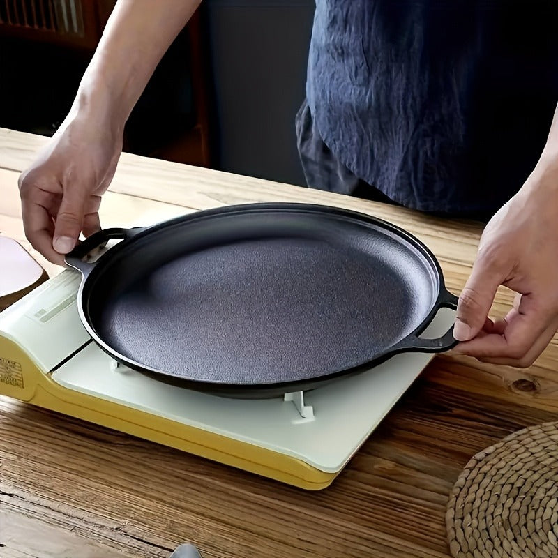 Multi functional thickened cast iron pot - uncoated non stick pot, double ear flat bottomed pot - suitable for grilling meat, frying eggs, barbecue, and pancakes - compatible with all stoves, ideal for home kitchen and outdoor cooking.