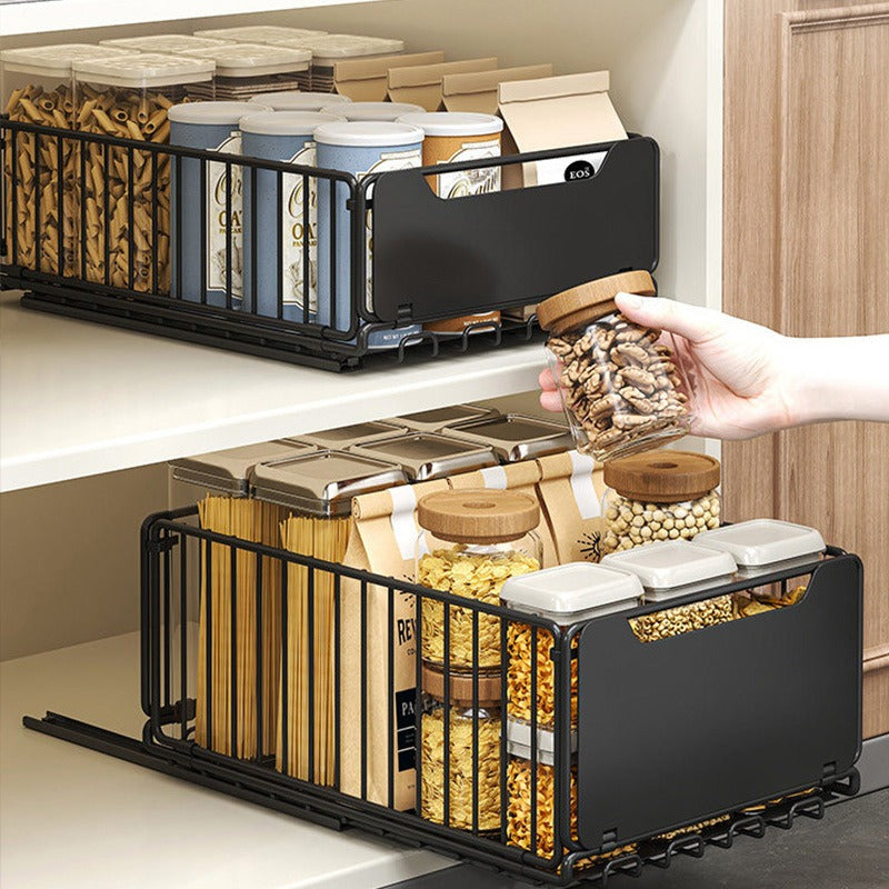 Foldable Expandable Pull-Out Basket - No Drilling Kitchen Under Sink Storage Rack, Pot and Pan Cabinet Organizer, Layered Drawer Shelf for Efficient Space Saving