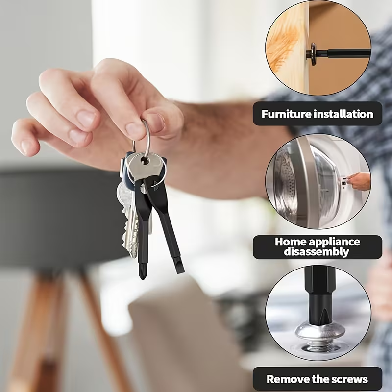 Keychain Screwdriver Set, 3Pcs Mini Portable Key Shaped Screwdriver Tool with Key Ring (1 Slotted + 1 Phillips), Black/Silver Stainless Steel, for Car Repair Outdoor EDC Home Emergency