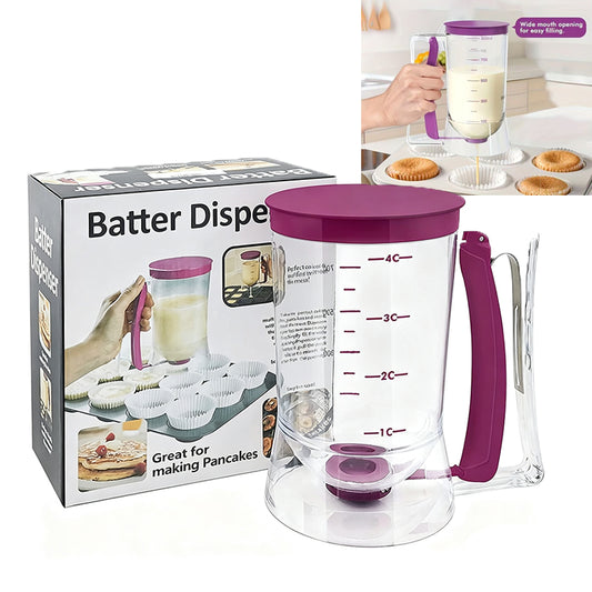 Pancake Batter Dispenser - Kitchen Must Have Tool for Perfect Pancakes, Cupcake, Waffle, Muffin Mix, Cake & Crepe - Baking Supplies for Griddle - Pancake Maker with Measuring Label (Purple)