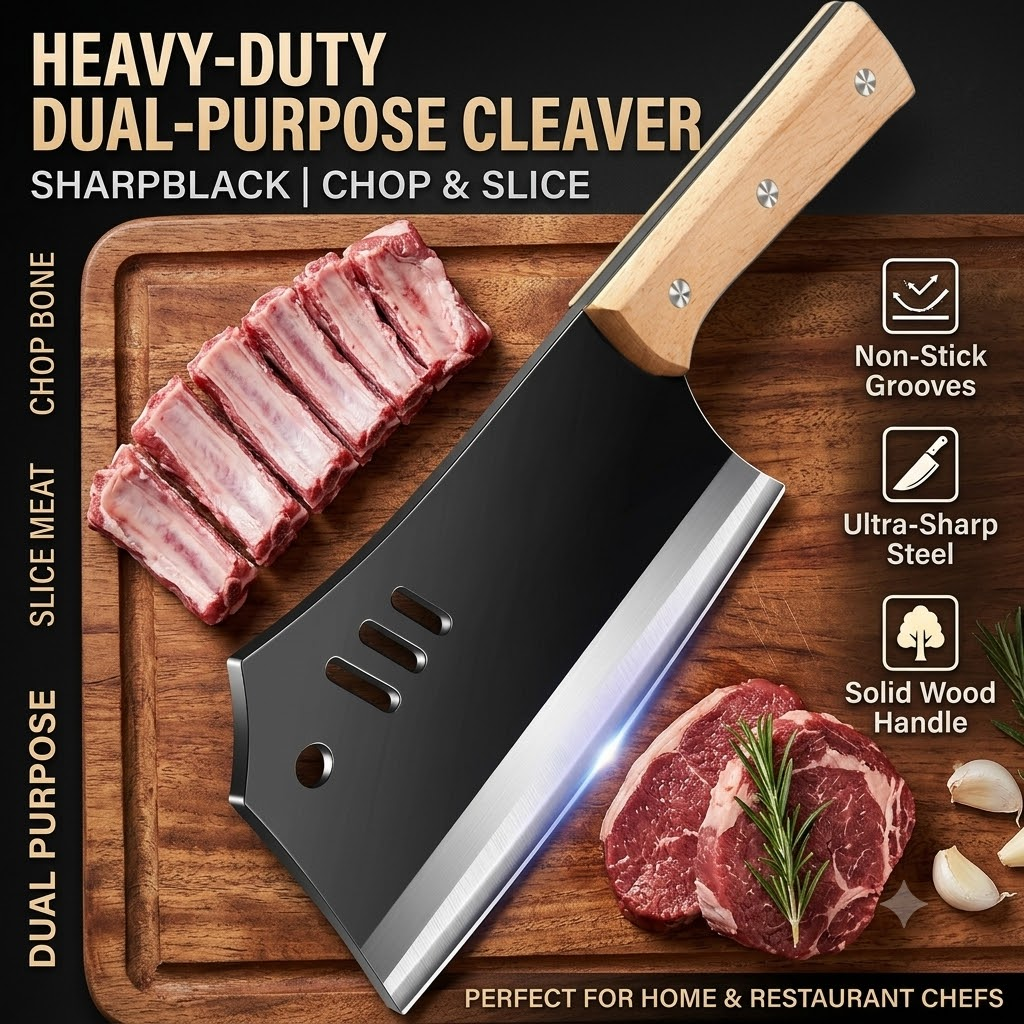 Meat Cleaver Knife, Heavy Duty Dual-Purpose Bone Chopping & Slicing Cleaver with Non-Stick Slots, Ultra Sharp Black Stainless Steel & Solid Wooden Handle, for Kitchen Butchering Meat Cutting Home Restaurant Chefs