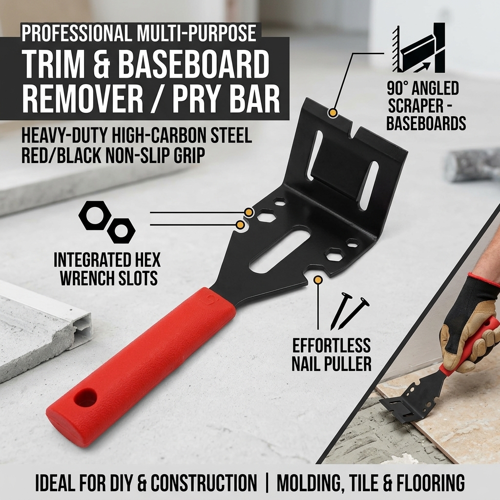 Trim Puller Tool, Multi-Function Pry Bar Nail Puller with 90 Degree Angled Scraper Blade & Hex Wrench Slots, Red & Black High Carbon Steel, for Baseboard Molding Tile Floor Removal DIYers Builders