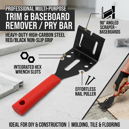 Trim Puller Tool, Multi-Function Pry Bar Nail Puller with 90 Degree Angled Scraper Blade & Hex Wrench Slots, Red & Black High Carbon Steel, for Baseboard Molding Tile Floor Removal DIYers Builders