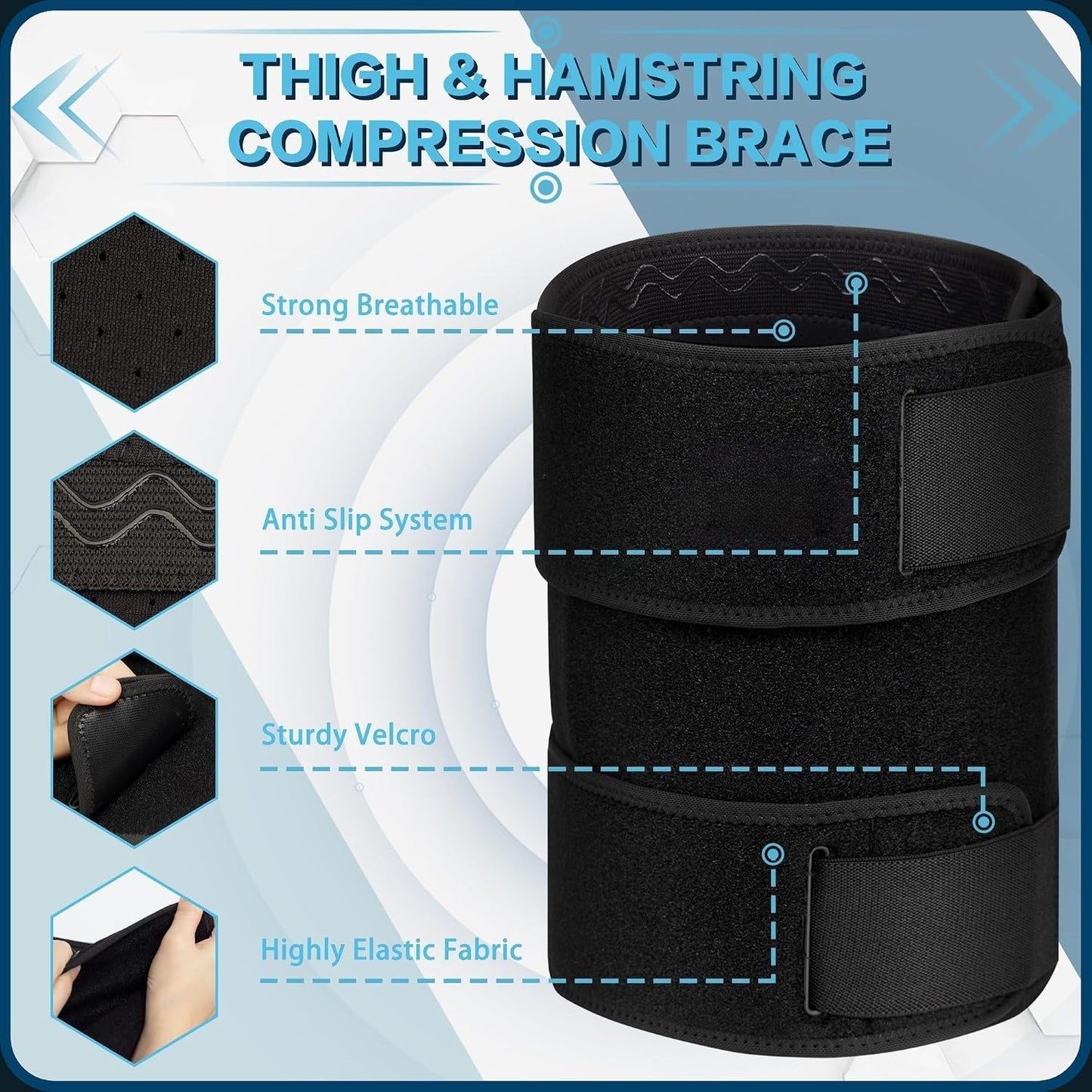 Adjustable Thigh Brace, Hamstring Compression Wrap, Thigh Compression Sleeve, Quad and Upper Leg Brace for Men & Women