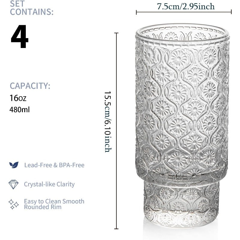Drinking Glasses Set of 4, Textured Flower Design Cocktail Glasses, Stackable Old Fashioned Glass Cups, Vintage Glassware for a baby Shower Wedding for Kitchen and Bar - Dishwasher Clear
