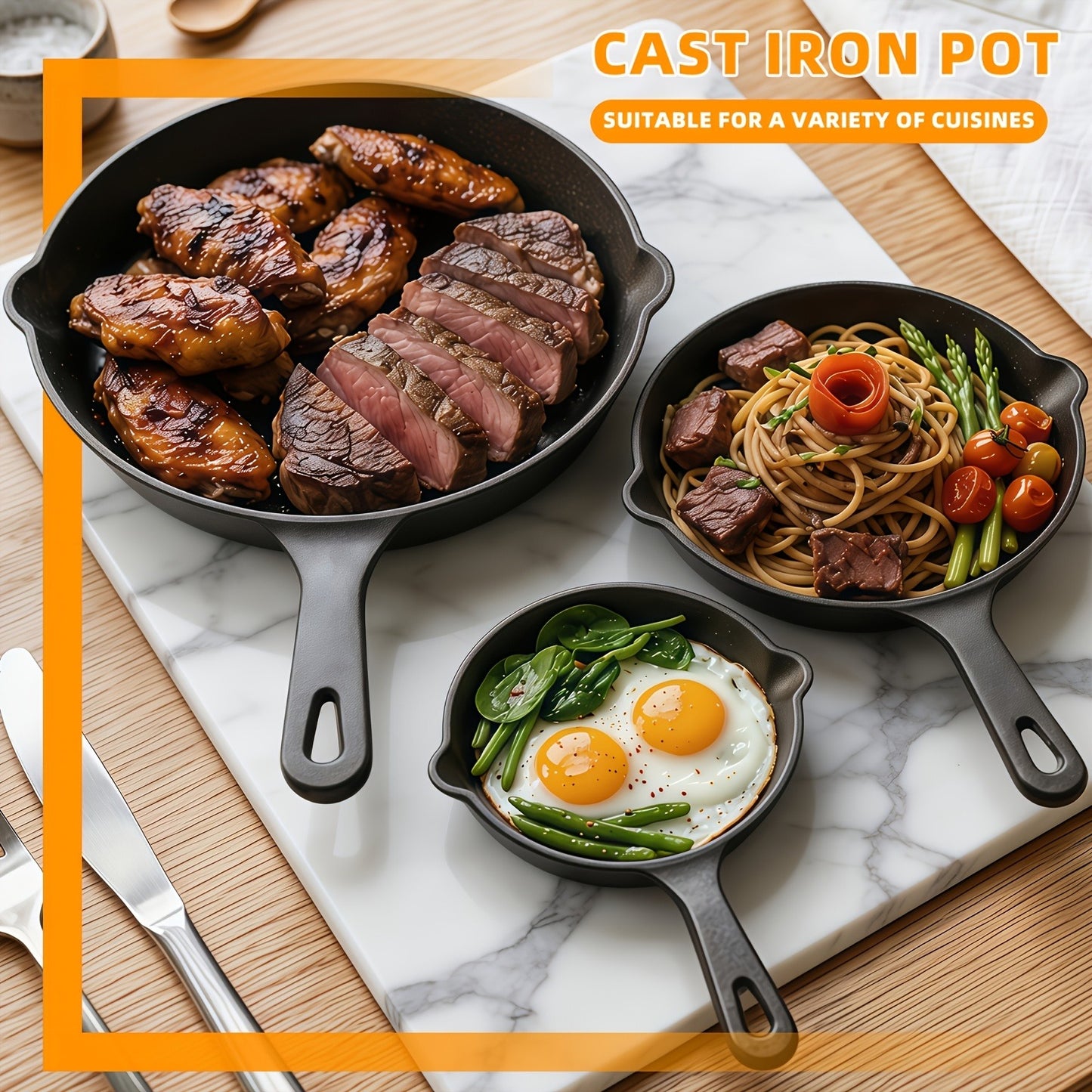 Premium Cast Iron Skillet Set - Non-Stick Frying Pans with Draining Spout, Perfect for Holiday Cooking, RV Use, and Campfire Dining