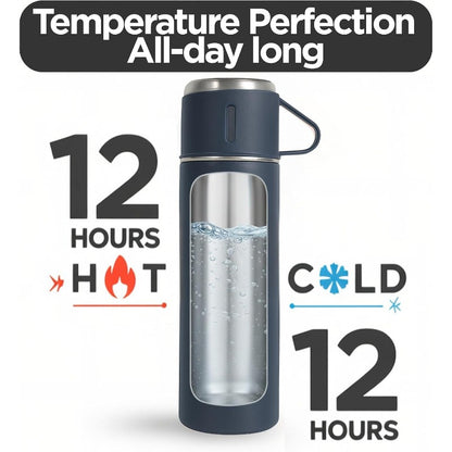 Flask Gift Set, Stainless Steel Insulated Water Bottle w/ 3 Cups, Hot & Cold Drinks Coffee Thermo Water Bottle, Reusable Thermal Cup for Outdoor Camping Travel, Termos para Agua Fria, 17oz