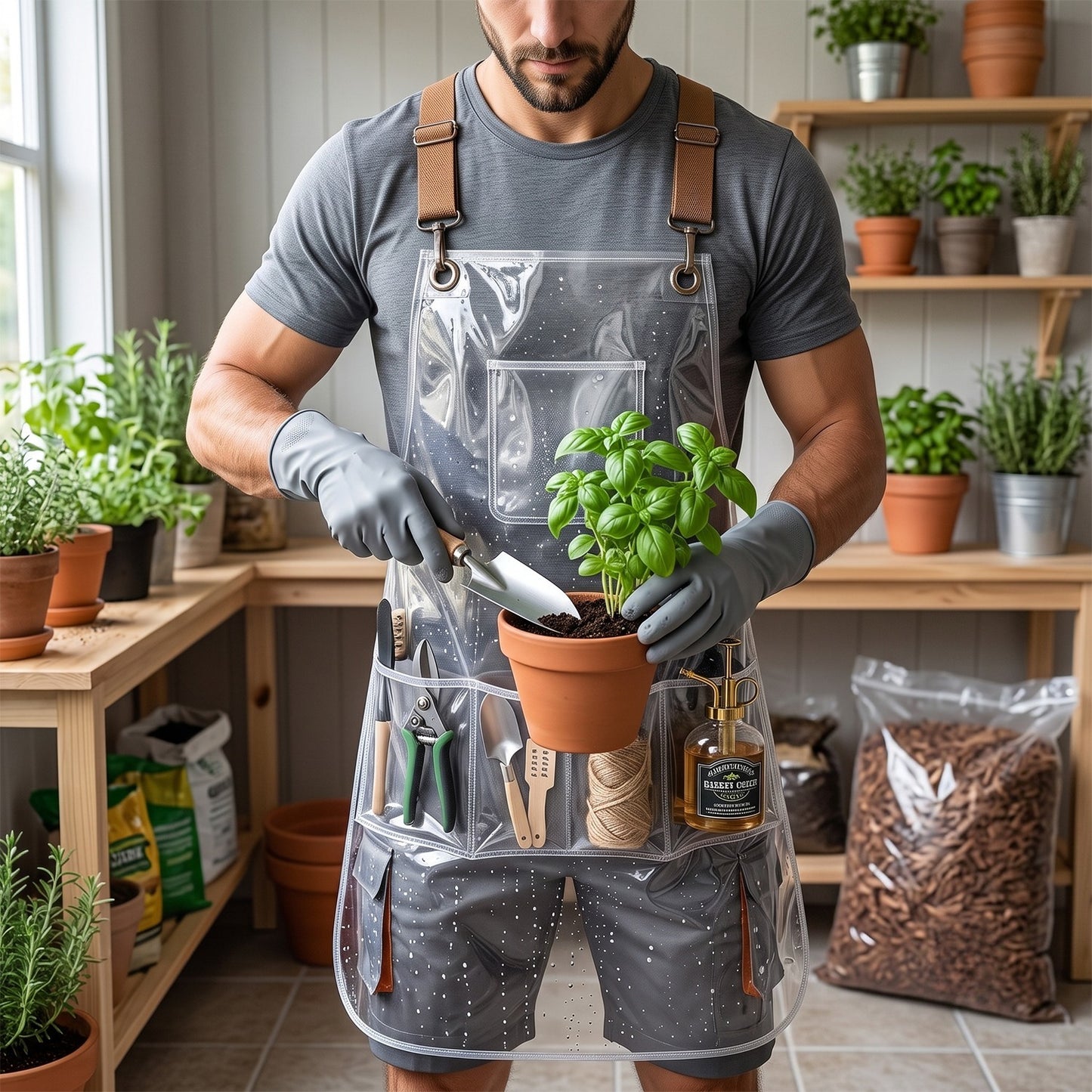Clear Waterproof Apron Work Apron, Adjustable Cross Back Straps Multi-Pocket Heavy Duty Waterproof Oilproof, Clear PVC Vinyl & Brown Straps, for Car Washing Gardening Hair Stylist Barber Dishwashing