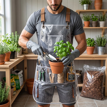Clear Waterproof Apron Work Apron, Adjustable Cross Back Straps Multi-Pocket Heavy Duty Waterproof Oilproof, Clear PVC Vinyl & Brown Straps, for Car Washing Gardening Hair Stylist Barber Dishwashing