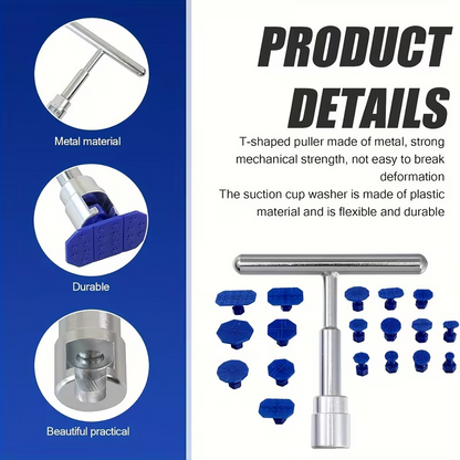 Car Dent Puller Paintless Dent Repair Kit, 18Pcs T-Bar Hand Tool Set with Blue Glue Tabs, Silver Stainless Steel & Blue Plastic, for Auto Body Fender Hail Damage Repair DIY Car Owners