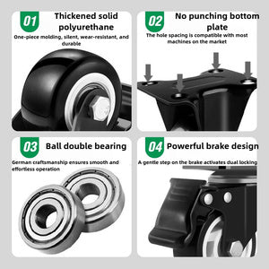 Caster Wheels Set of 4, Heavy Duty Casters with Brake, No Noise Locking Polyurethane (PU) Wheels, Swivel Plate Castors Pack