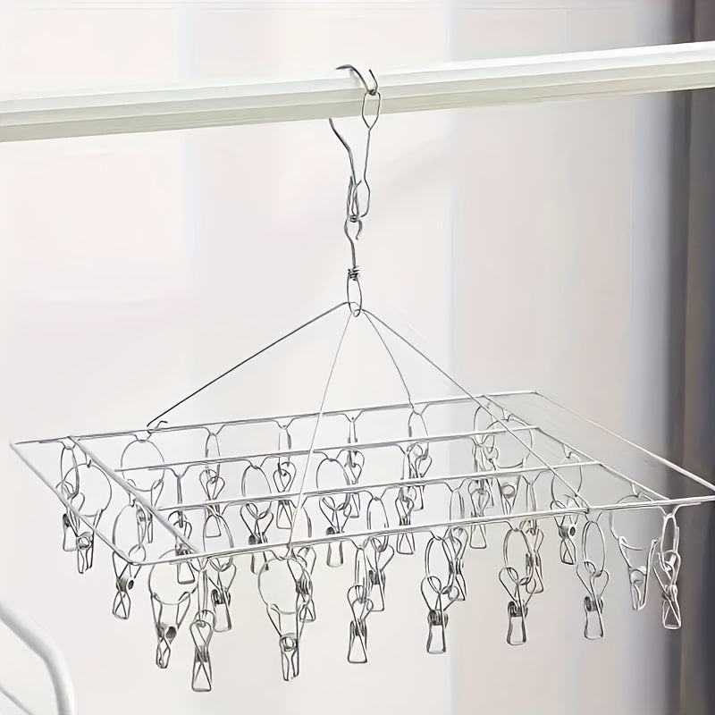 Stainless Steel Sock Drying Rack with 60 Clips, Swivel Hook Wind-Proof Clothes Hanger Rack for Sock, Bras, Underwear, Laundry Accessories