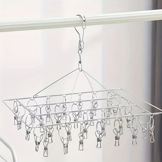 Stainless Steel Sock Drying Rack with 60 Clips, Swivel Hook Wind-Proof Clothes Hanger Rack for Sock, Bras, Underwear, Laundry Accessories