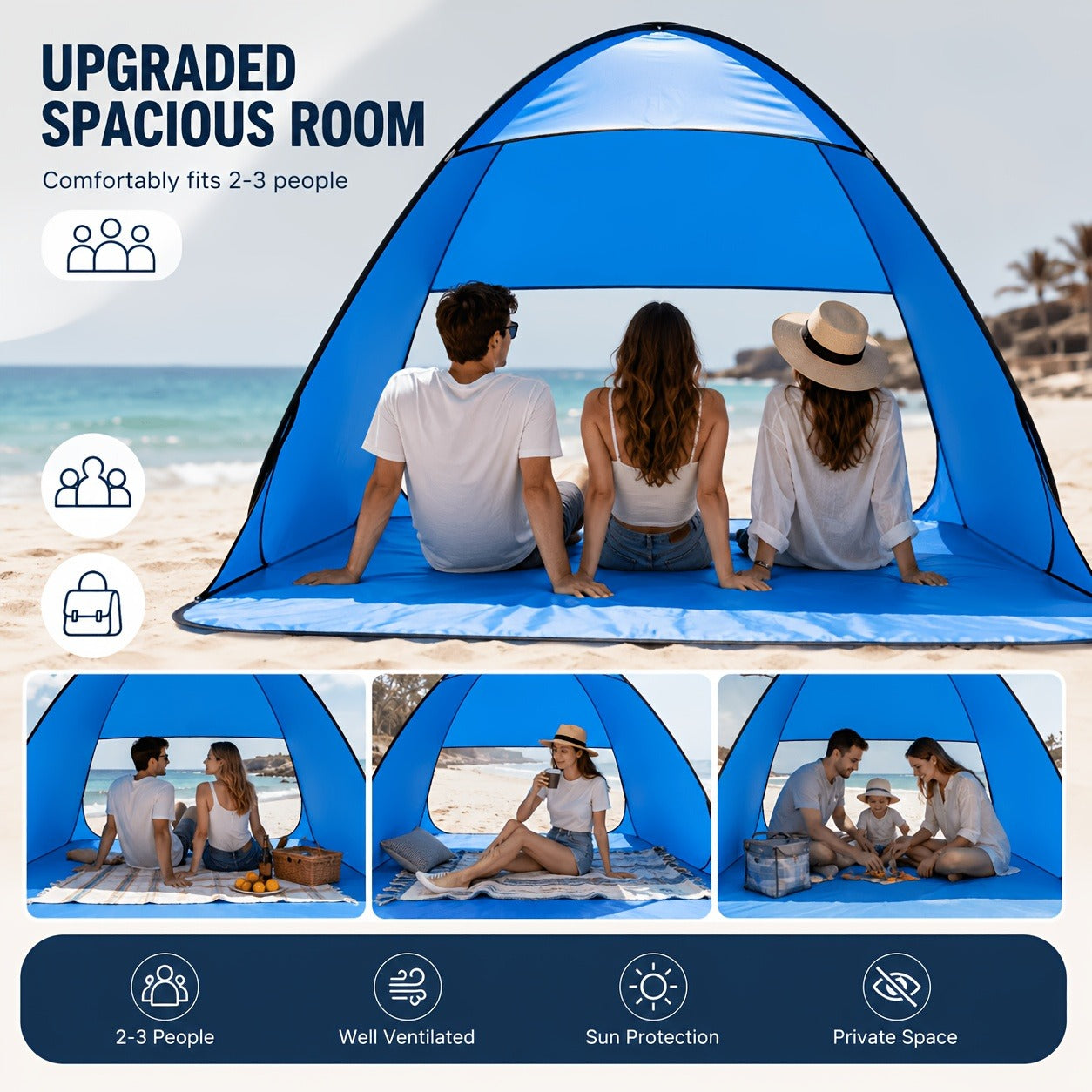 Pop Up Beach Tent – for 3-4 Person UPF 50+ UV Sun Protection Beach Shade Pop Up Sun Shelter with Carry Bag for Beach, Park, Camping