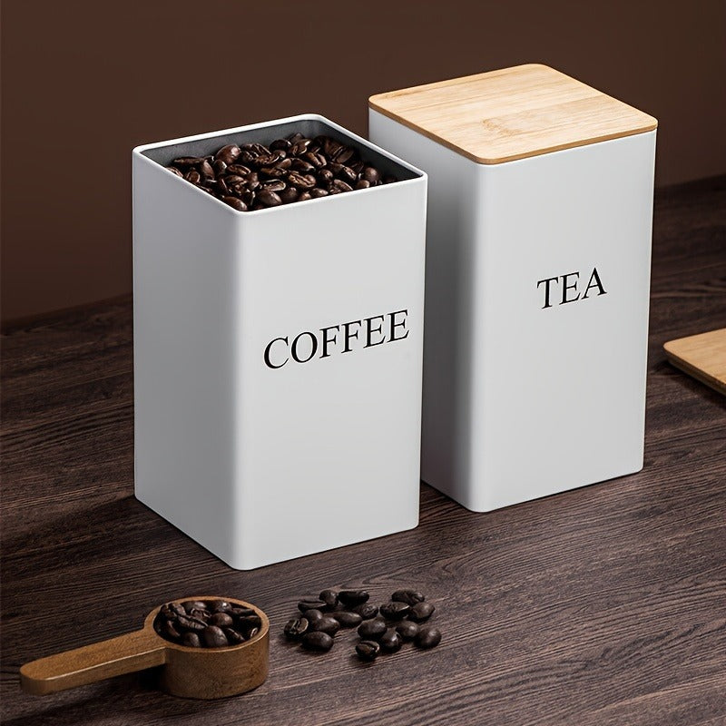 3-Piece Coffee and Snack Storage Canisters Set - Bamboo Lid & Iron Art Display Square Jars for Coffee Beans and Tea