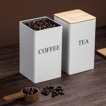 3-Piece Coffee and Snack Storage Canisters Set - Bamboo Lid & Iron Art Display Square Jars for Coffee Beans and Tea