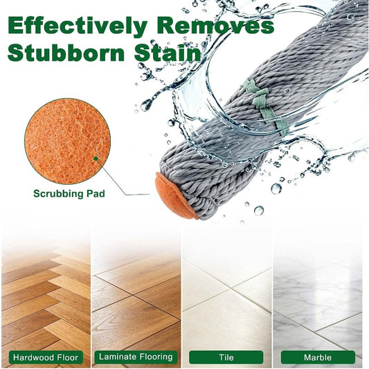 Self Wringing Mop for Floor Cleaning, Long Handled Twist Mop with Scouring Pad for Kitchen Hardwood Vinyl Tile Laminate Home Office