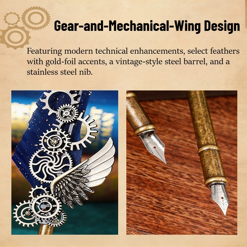 Fountain Pen Gift Set, Vintage Gear Feather Quill Pen 9.84" with Ink Bottle, 5 Ink Cartridges, Wax Seal, Metal Pen Holder and Gift Box, Retro Calligraphy Writing Set for Office, School and Gifts