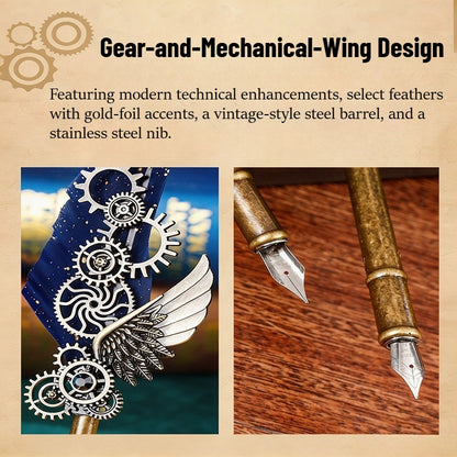 Fountain Pen Gift Set, Vintage Gear Feather Quill Pen 9.84" with Ink Bottle, 5 Ink Cartridges, Wax Seal, Metal Pen Holder and Gift Box, Retro Calligraphy Writing Set for Office, School and Gifts