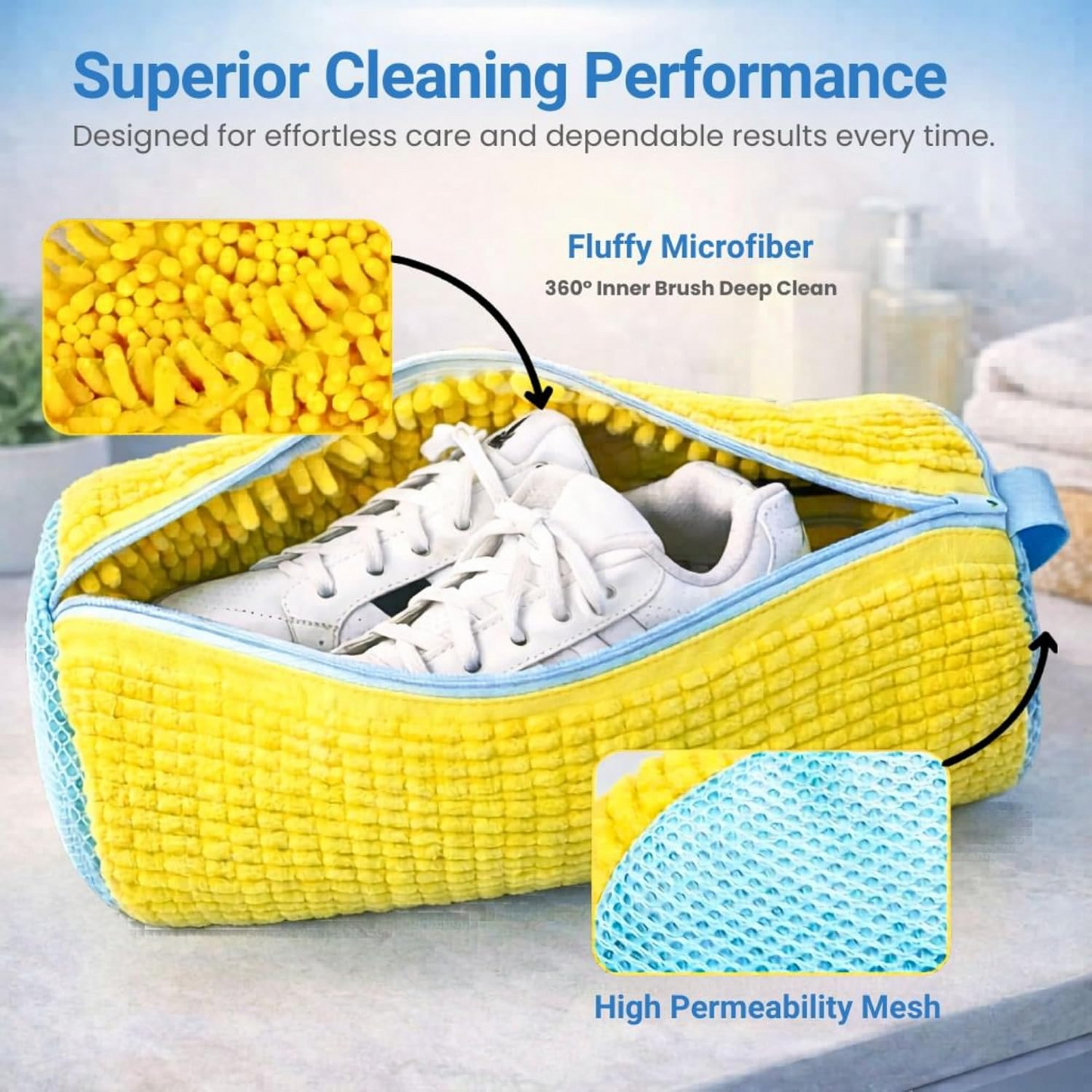 Shoe Washing Machine Bag, 2Pcs Set Reusable Sneaker Laundry Bag with Fluffy Chenille Microfiber 360° Deep Cleaning & Durable Zipper, Yellow/Blue/Grey Soft Mesh, for Sneakers Running Shoes Washer & Dryer