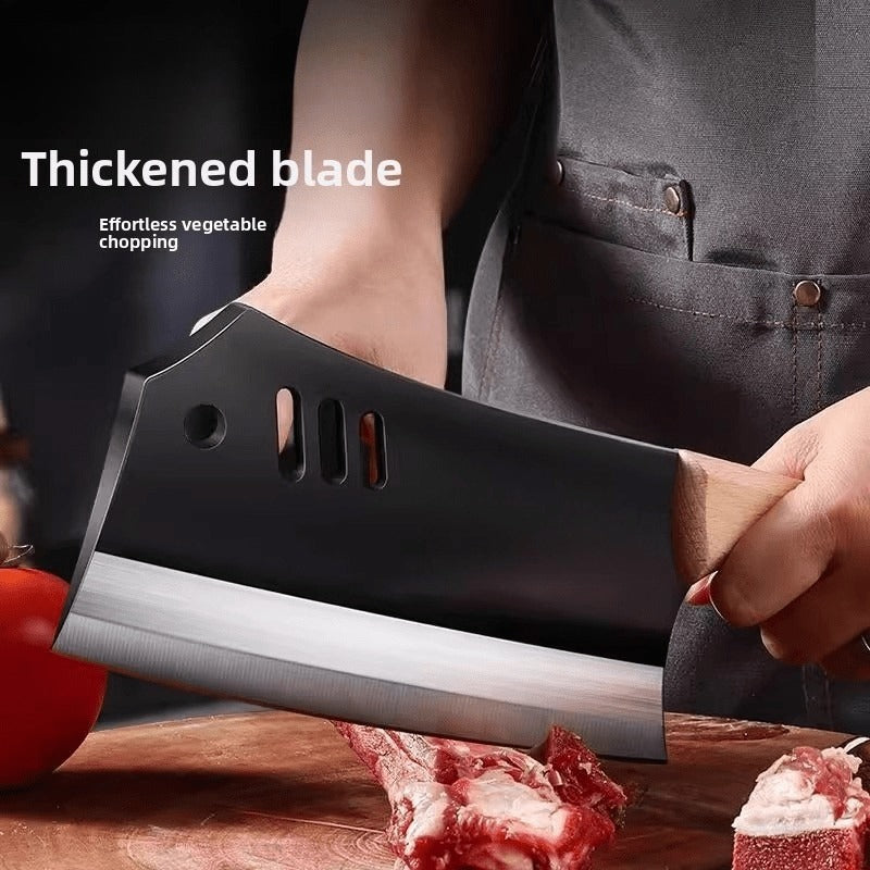 Meat Cleaver Knife, Heavy Duty Dual-Purpose Bone Chopping & Slicing Cleaver with Non-Stick Slots, Ultra Sharp Black Stainless Steel & Solid Wooden Handle, for Kitchen Butchering Meat Cutting Home Restaurant Chefs