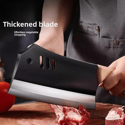 Meat Cleaver Knife, Heavy Duty Dual-Purpose Bone Chopping & Slicing Cleaver with Non-Stick Slots, Ultra Sharp Black Stainless Steel & Solid Wooden Handle, for Kitchen Butchering Meat Cutting Home Restaurant Chefs