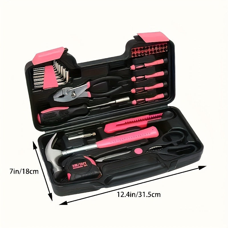 39-piece Pink Tool Set | Includes screwdriver, pantry knife, scissors, measuring tape, hammer, Allen wrench, and pliers | Suitable for home, garage, garden, office, and college dormitories | Ideal for women