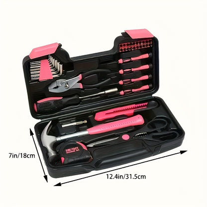 39-piece Pink Tool Set | Includes screwdriver, pantry knife, scissors, measuring tape, hammer, Allen wrench, and pliers | Suitable for home, garage, garden, office, and college dormitories | Ideal for women
