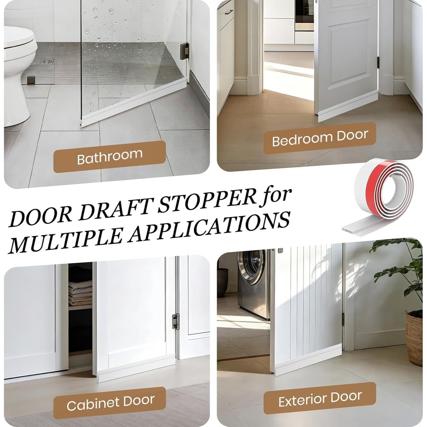 Door Draft Stopper Under Door Seal Strip, 4/8/12Pack Self Adhesive Weather Stripping Gap Sealer Tape, Soundproof White Silicone, for Home Bedroom Front Door