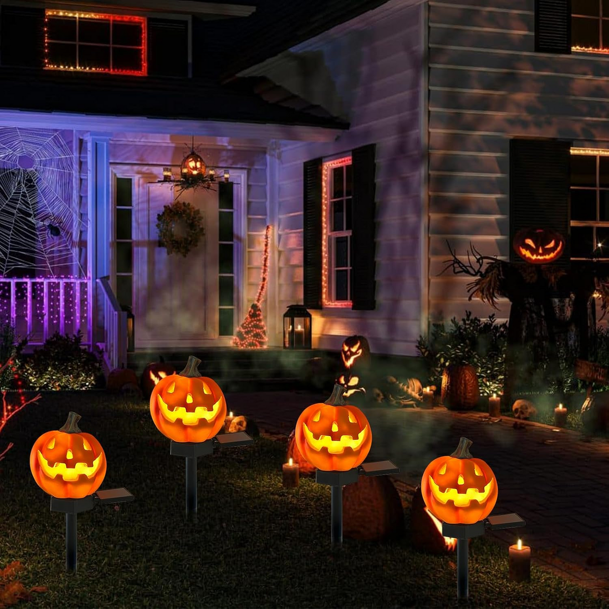 Solar Pumpkin Lights, 3 & 6 Pack 15.5"*3.15" Halloween Pathway Stake Lights Waterproof Solar Powered Jack-O'-Lantern, Orange & Black Plastic, for Outdoor Lawn Yard Garden Spooky Decor