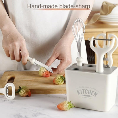 Multi Functional Kitchen Small Tool Set, 6-piece Set with Storage Stand, Fruit Food Tool Combination Set(Includes scissors, paring knife, bottle opener, grater, blender, storage base)