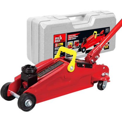 Hydraulic Trolley Service Lift Jack/Portable Floor Jack with Special Slow Release and Blow Mold Carrying Storage Case : 2 Ton (4, 000 lb) Capacity, Red.