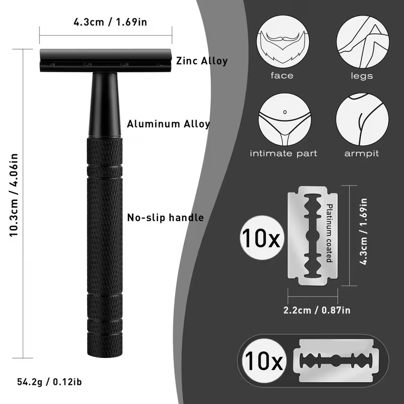 Matte Black Safety Razors for Men and Women, Reusable Single Blade Razor | with 10 Platinum Coated Double Edge Blades & Blade Disposal Pouch, Smooth Close Comfort Shave, Eco-Friendly & Plastic Free