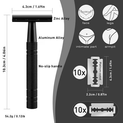 Matte Black Safety Razors for Men and Women, Reusable Single Blade Razor | with 10 Platinum Coated Double Edge Blades & Blade Disposal Pouch, Smooth Close Comfort Shave, Eco-Friendly & Plastic Free