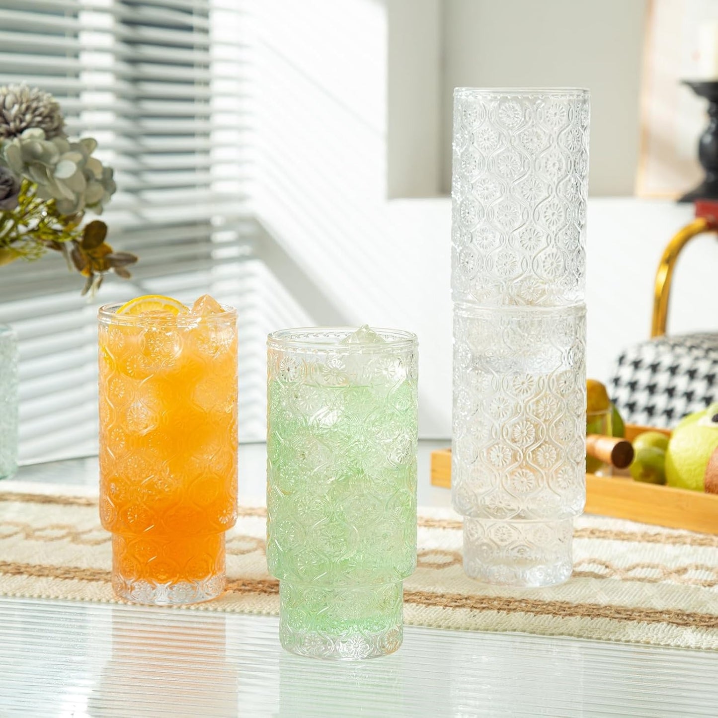 Drinking Glasses Set of 4, Textured Flower Design Cocktail Glasses, Stackable Old Fashioned Glass Cups, Vintage Glassware for a baby Shower Wedding for Kitchen and Bar - Dishwasher Clear