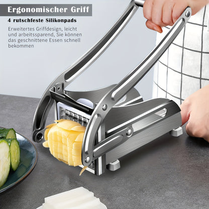 French Fry Cutter Potato Chipper, with 2 Interchangeable Blades & Non-Slip Feet Heavy Duty Lever, Silver Stainless Steel, for Home Kitchen Restaurant French Fries Chips