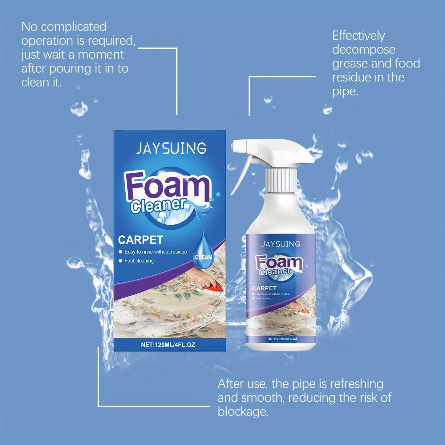 Carpet Stain Remover Spray Foam Cleaner, 4Pcs (4x120ml) Fast Acting Deep Cleaning Foam No Residue, White Bottle Foam Liquid, for Home Rugs Carpet Couch Upholstery Car Seats