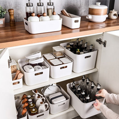 Storage Bins Set 3/6/9PCS, Multi-Purpose Plastic Organizer Bins with Handles, Stackable Kitchen Pantry Storage Baskets for Refrigerator, Cabinets, Bathroom and Home Organization