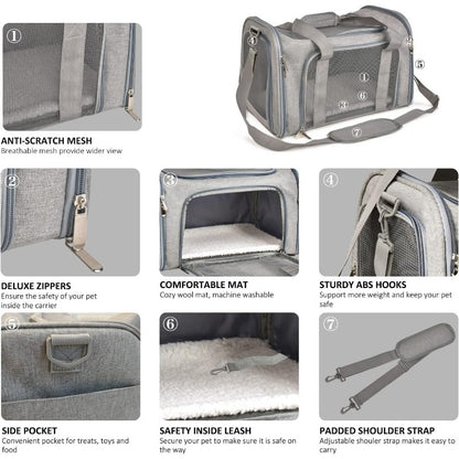 Cat Carriers Dog Carrier Pet Carrier For Small / Medium Cats Dogs Puppies (Up To 15lbs), TSA Airline Approved Small Dog Carrier Soft Sided, Collapsible Waterproof Travel Puppy Carrier - Grey