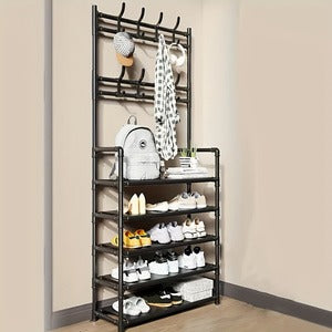 Simple Houseware Coat Rack with Shelf, Standing Hall Tree with Hooks, Black | For Entryway, Bedroom, Office, Black Metal Clothes Hanger Stand for Coats, Hats, Jackets, Bags