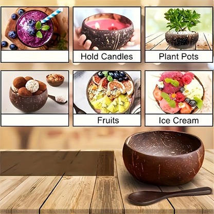 coconut bowls with wooden spoons -- Coconut shell bowls, suitable for serving yogurt, salad, or ice cream.