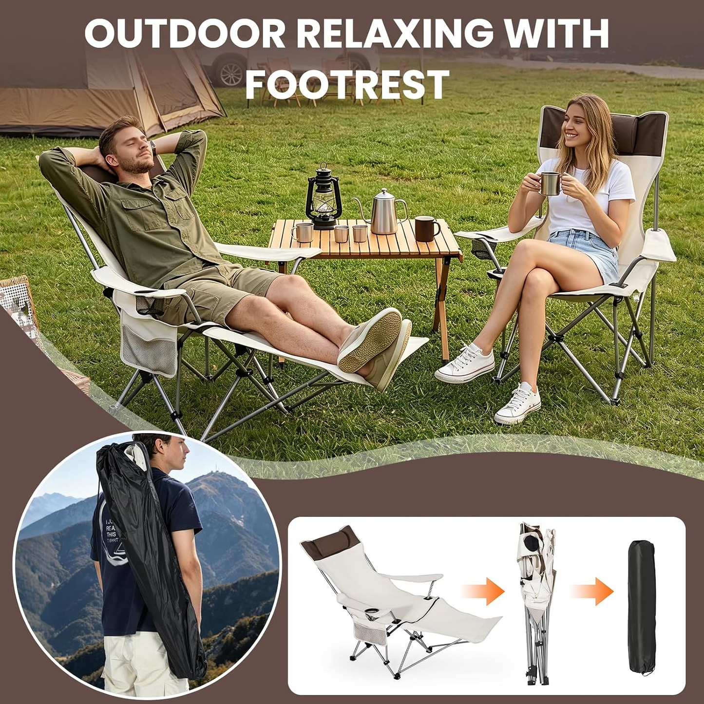 Reclining Camping Chair with Foot Rest & Headrest – 4-Position Adjustable Recline Folding Lounge Beach Chair Lightweight Portable Recliner for Adults, Ideal for Outdoor Travel, Patio, Picnic Beige