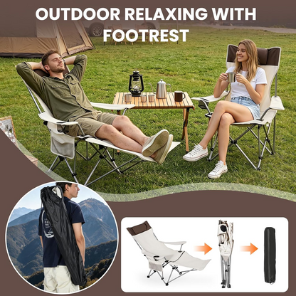 Reclining Camping Chair with Foot Rest & Headrest – 4-Position Adjustable Recline Folding Lounge Beach Chair Lightweight Portable Recliner for Adults, Ideal for Outdoor Travel, Patio, Picnic Beige