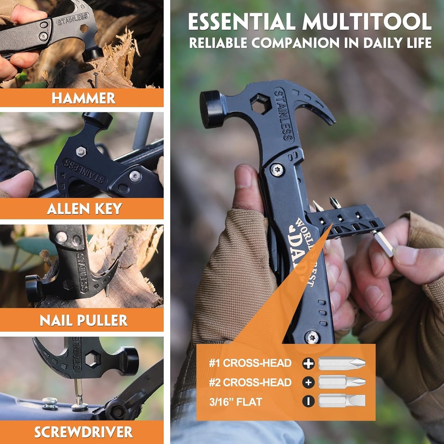 15 in 1 heavy-duty camping hammer multifunctional tool with knife, hammer, saw, screwdriver, bottle opener, and pliers - suitable for camping, construction DIY- Multi functional survival tool for emergency situations, equipped with a portable sheath,