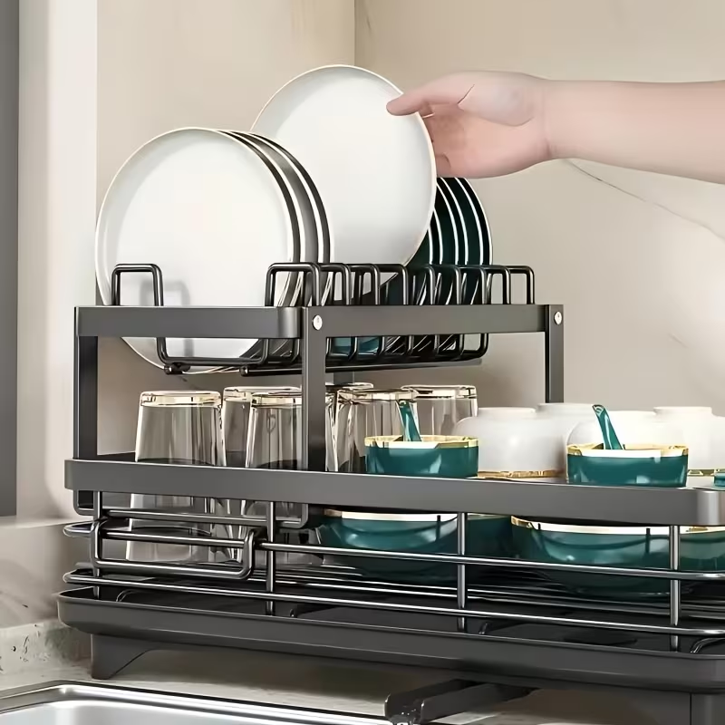 Black Carbon Steel Dish Drying Rack with Drainboard, Kitchen Dish Rack Carbon Steel Kitchen Drying Rack, Dish Racks for Kitchen Counter with Utensil Holder Cup Holders Cutting (Double Layer)